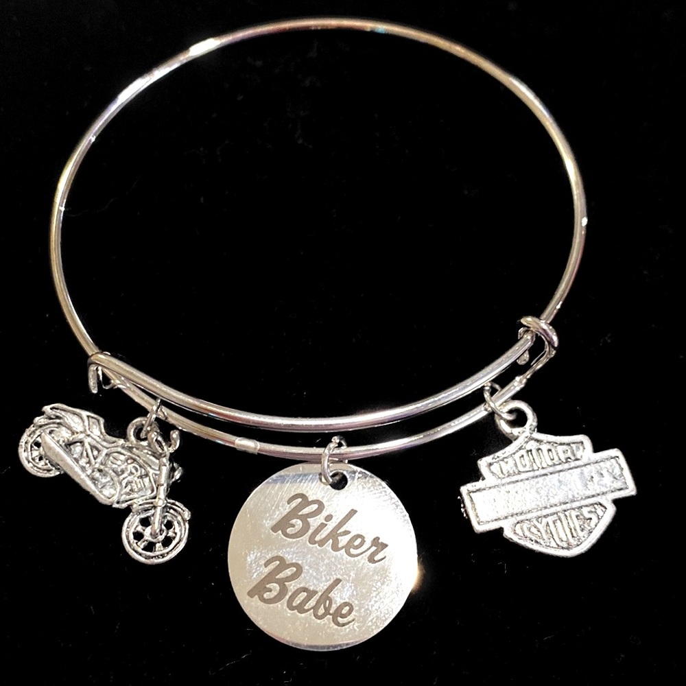 Biker Babe Bracelet Motorcycle Rider Charm Bangle May Be Personalized